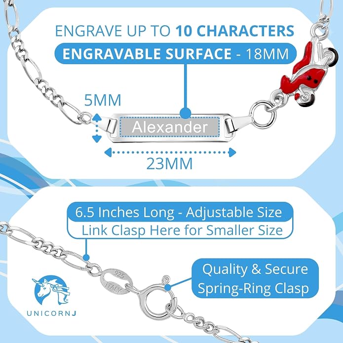UNICORNJ 925 Italy Sterling Silver Child or Baby Name Bracelet Girls Boys, Personalized Engraved Kids ID Bracelets, 6.5" Figaro Chain, Enamel Charm Newborn Infant Toddler Kid Jewelry