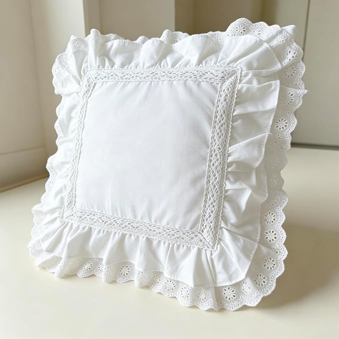 Zinowas18x18 White Ruffle Throw Pillow Covers Set of 2 Lace Pillow Shams 100% Cotton Handmade Pillowcase with Ruffles Decorative Decorative Ruffle Pillow Covers