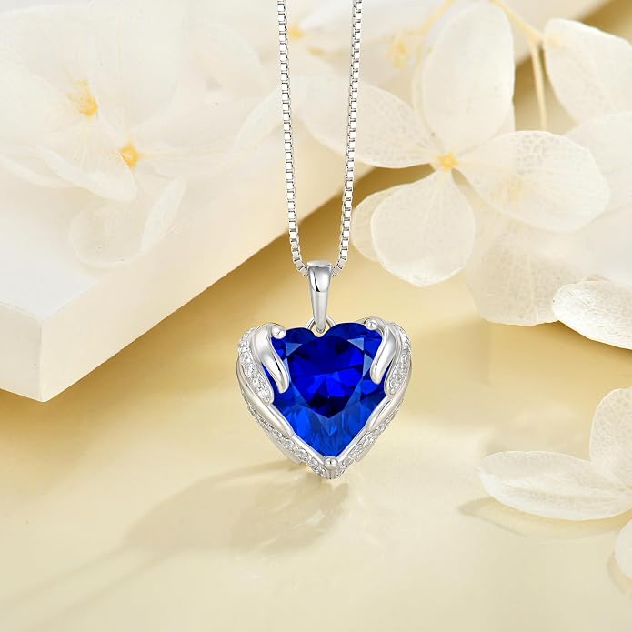 Angel Wings Necklace for Women 925 Sterling Silver Cubic Zirconia Love Heart Birthstone Pendant Necklaces