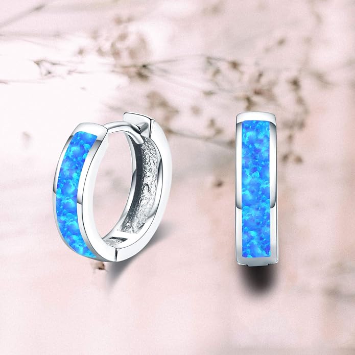CUOKA MIRACLE 925 Sterling Silver Opal Hoop Earrings for Women - Opal Hinged Huggie Hoops, Hypoallergenic Small Hoop Earrings for Sensitive Ears, Dainty Everyday Jewelry Birthday Christmas Gift