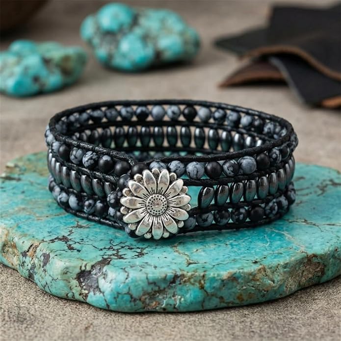 YGLINE Boho Handmade Natural Stone Bead 3 Row Wide Wrap Wrist Statment Bracelet Jewelry Collection
