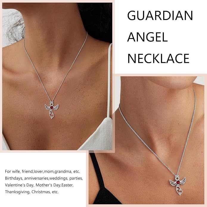 925 Sterling Silver Guardian Angel Pendant Necklace for Women - Birthstone Cubic Zirconia, 18" Chain, Gift for Her