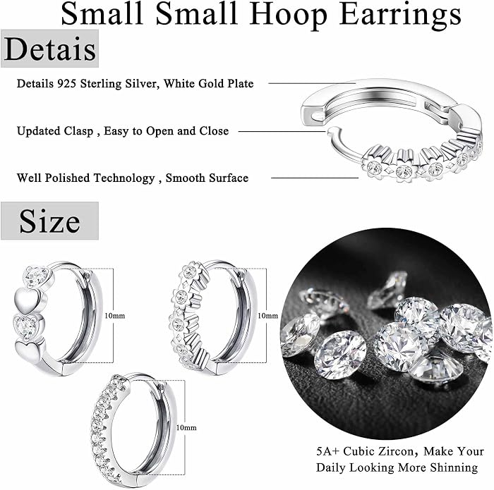 YADOCA 𝟵𝟮𝟱 𝗦𝘁𝗲𝗿𝗹𝗶𝗻𝗴 𝗦𝗶𝗹𝘃𝗲𝗿 Earrings for Girls Women - Hypoallergenic Cute Kids Toddler Earrings - Cubic Zirconia Earrings Studs Hoop Set for Sensitive Ears