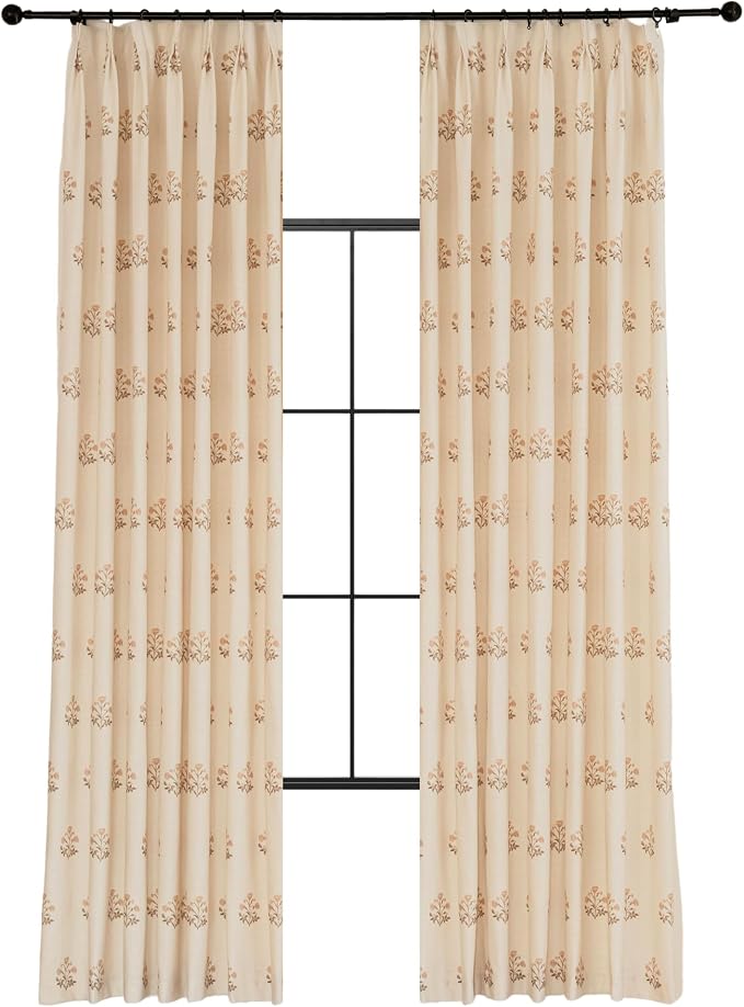 DrapePalette - Linen Blend Pinch Pleated Curtains 84 Inches Long for Living Room, Bedroom, Dining Room, Light Filtering Curtains 2 Panels Set, Modern Floral Printed Design, Beige White, 30" W x 84" L