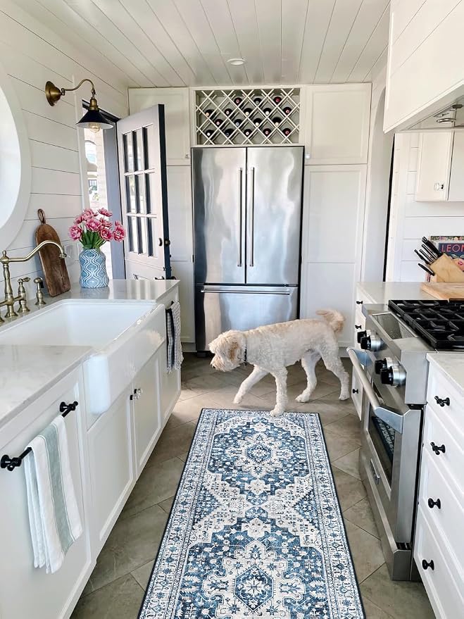Moynesa Ultra-Thin Washable Runner Rug - 2x6 Blue Laundry Room Rug Washable Kitchen Runners Bathroom Carpet Runner, Oriental Printed Pet Friendly Hallway Runners for Bedroom Entrance Entryway RV