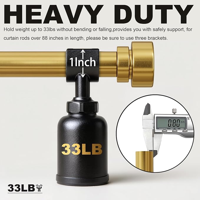 Lootkell 2 Pack Modern Gold Curtain Rods for Windows 48 to 84 Adjustable Length Heavy Duty 1" Diameter Brass Window Rod with Solid Metal Finials for Outdoor Farmhouse Bedroom Kitchen Living Room