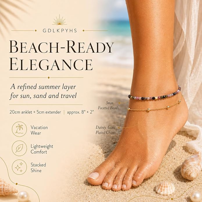 2Pcs Beaded Anklets for Women, Natural Stone Bead Ankle Bracelets with 14K Gold Plated Chain, Waterproof Adjustable Layered Anklet Set, Boho Beach Summer Jewelry Gift