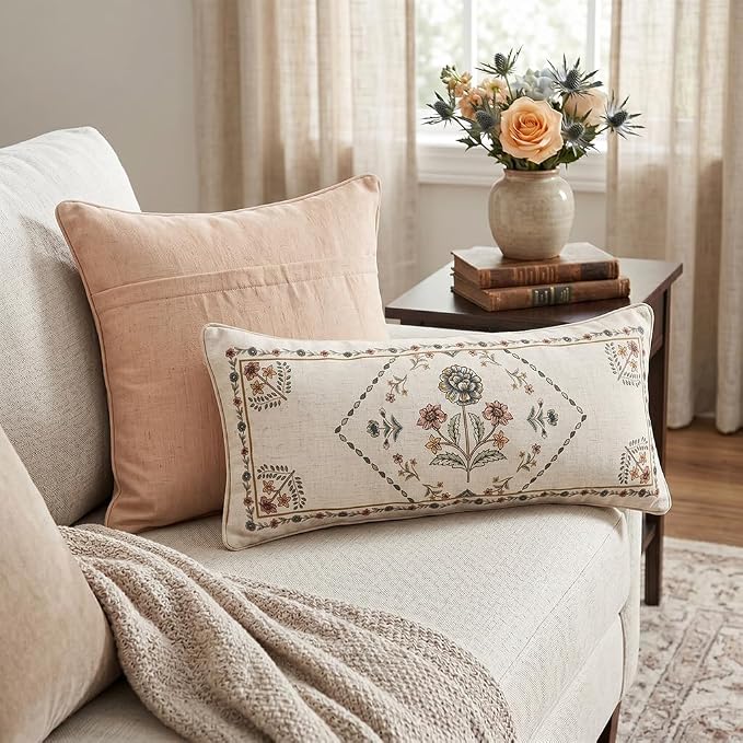ISAENNE Designer Linen Throw Pillow Cover,Set of 2,28"x12"-Cornucopia B | Elegant French Rectangle Pillow Cover,Concealed Zipper Design,Floral Pattern,Sofas,Bedroom,Living Room,Lounge Chairs