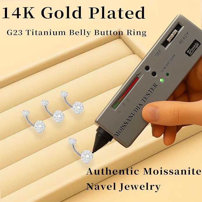 Sparkling Moissanite Belly Button Ring, 14G G23 Surgical Grade Titanium with 14K Gold Plated | Internally Threaded & Hypoallergenic for Sensitive Skin | Unisex Body Jewelry