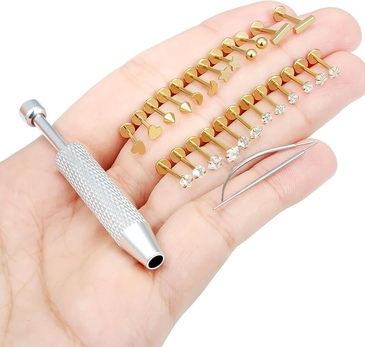 20/18/16g Gold Flat Back Threadless Earrings Nose Rings Lip Studs Surgical Steel Piercing Jewelry for Women Men