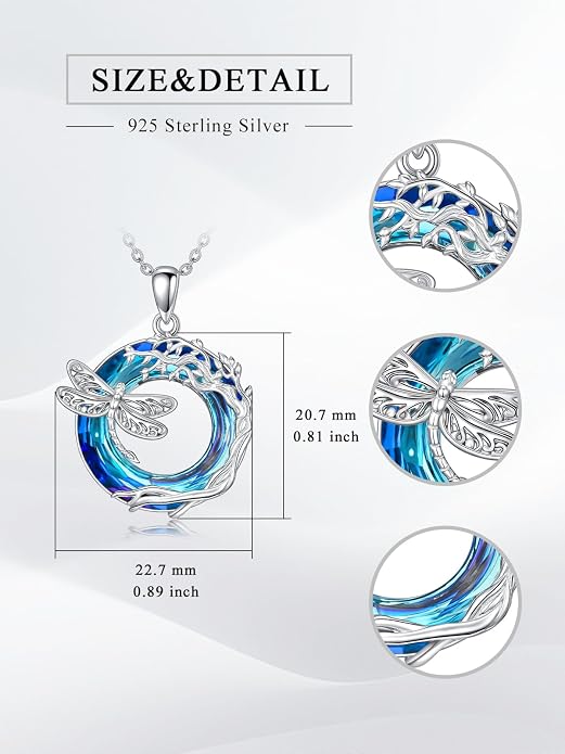 Dragonfly Necklace 925 Sterling Silver Dragonfly/Sunflower Bee Pendant Necklace Dragonfly with Blue Circle Crystal Dragonfly Jewelry Gifts as Holiday Christmas Gifts for Women