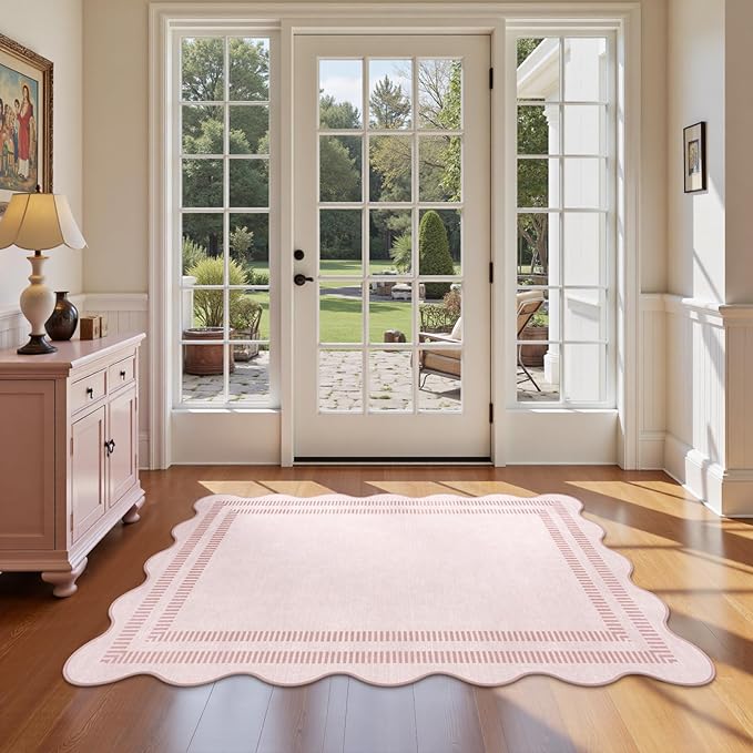 Washable 3x5 Indoor Entryway Rug, Solid Pink Non Slip Rugs for Bedroom Girls, Stain Resistant Scalloped Soft Carpet for Nursery Dorm Kitchen