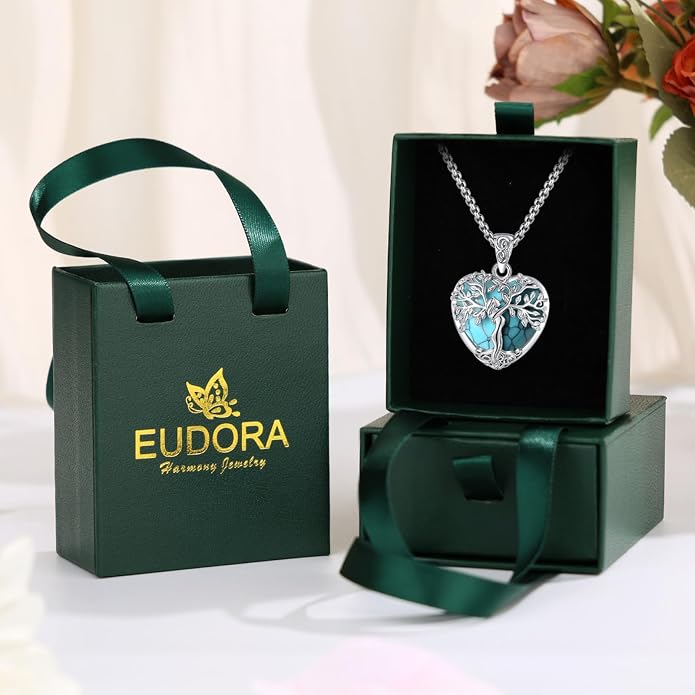 EUDORA Tree of Life Necklace with Moonstone Amethyst Obsidian Turquoise Healing Crystal for Women, Silver Plated Copper Mother Tree of Life Pendant Amulet Energy Jewelry, Gift for Women Mom, 20"+2"