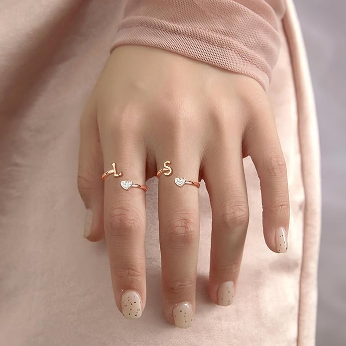 MILACOLATO 925 Sterling Silver Initial Rings for Women Teen Girl 18K Gold Plated Heart Initial Rings Adjustable Capital Letter Ring Stackable Thumb Pinky Rings for Daughter Birthday Bridesmaid Gifts Jewelry, A to Z