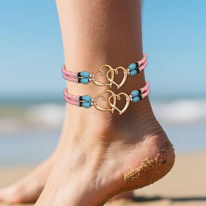 2PC Ankle Bracelets for Women Beaded Heart Ankle Bracelet Waterproof Bohemian Big Plus Size Anklets Summer Beach Accessories Boho Jewelry