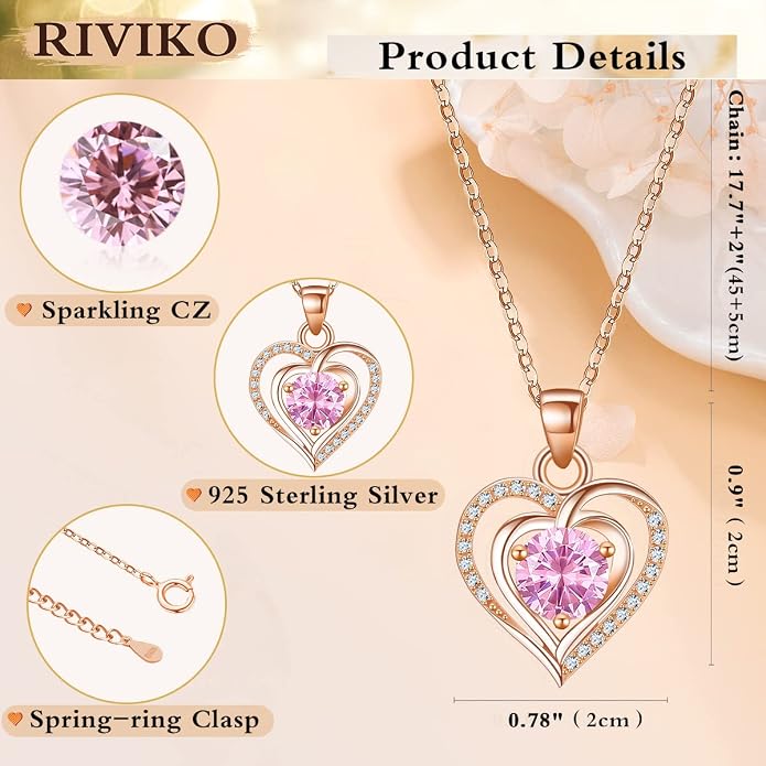 RIVIKO Heart Birthstone Pendant Necklace for Women 925 Sterling Silver Zirconia Necklaces Valentine's Day Anniversary Birthday Mothers Day Jewelry Gifts For Her Mother Wife