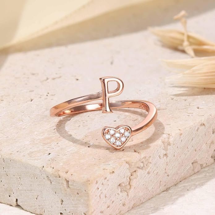 MILACOLATO 925 Sterling Silver Initial Rings for Women Teen Girl 18K Gold Plated Heart Initial Rings Adjustable Capital Letter Ring Stackable Thumb Pinky Rings for Daughter Birthday Bridesmaid Gifts Jewelry, A to Z