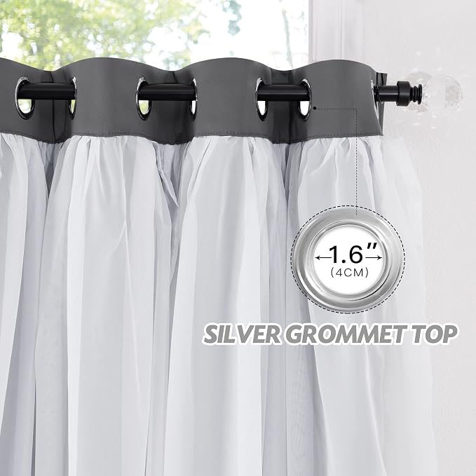 PONY DANCE Shabby Chic Curtains with Ruffle Sheer Overlay for Girls Bedroom, Double Layer Blackout Drapes,Farmhouse Rustic Design, W 52 x L 95 Inches, Grey, 2 Panels