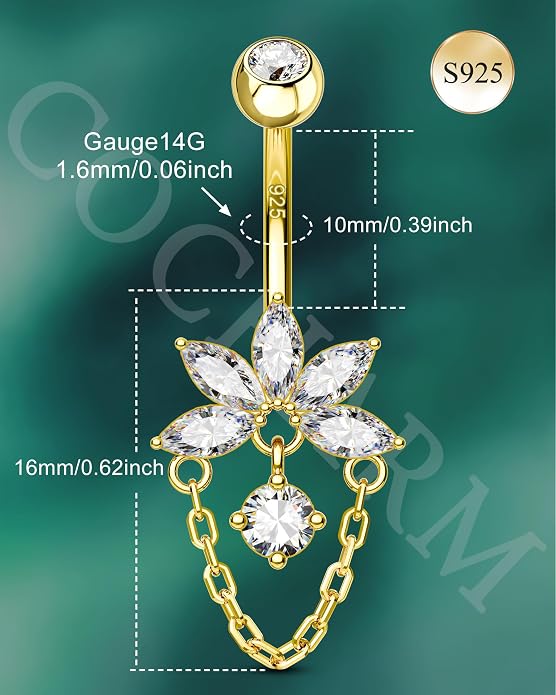 COCHARM Lotus 14K Gold Plated Belly Button Rings 925 Sterling Silver Belly Button Ring Dangle Navel Piercing Jewelry 10MM