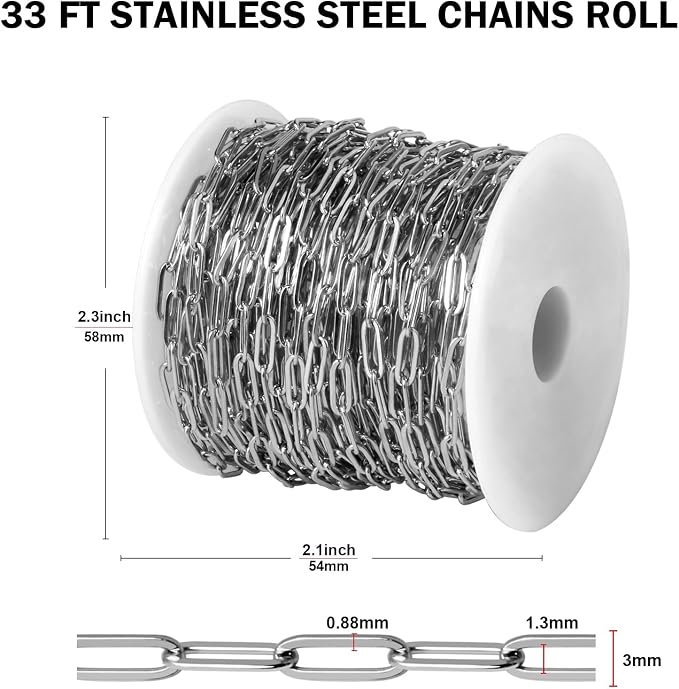 [33FT] Stainless Steel Paperclip Chains for Jewelry Making, 3mm Wide 304 Stainless Steel Paperclip Link Chain Roll Bulk for DIY Jewelry Making Craft