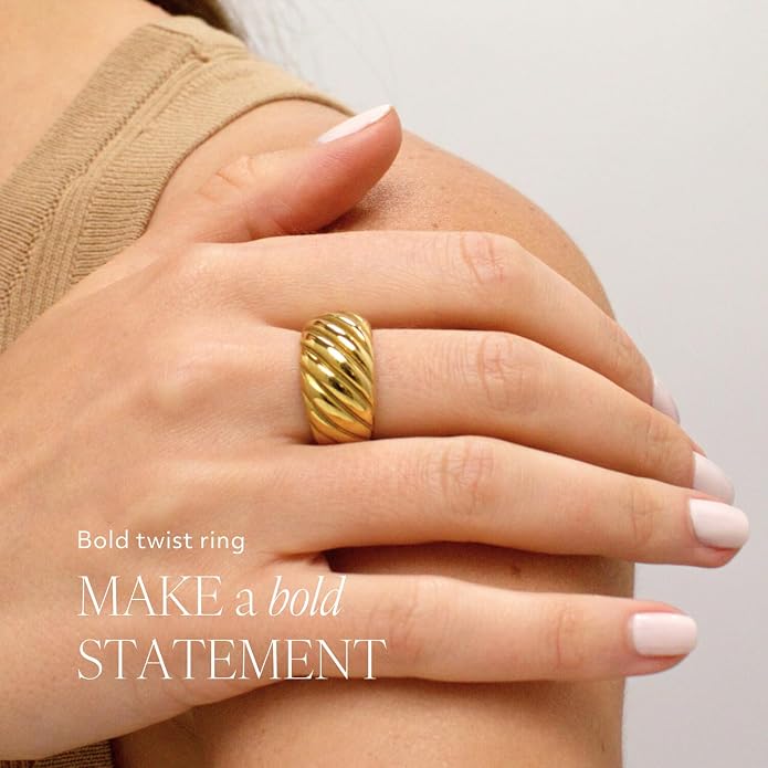 Chunky Statement Rings for Women, Wide Signet Dome Croissant Twist Band Non-Tarnish 18k Gold Plated Stainless Steel Size 5-11