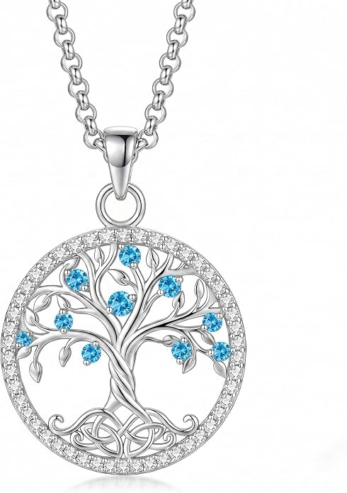 ONEFINITY Tree of Life Necklace 18k White Gold Plated Tree of Life Birthstone Pendant Necklace Birthstone Jewelry Anniversary Birthday Gifts for Women Men