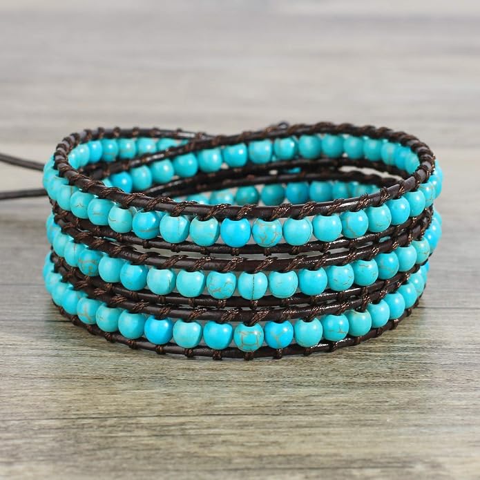 KELITCH Turquoise Beads Bracelets Leather 3 Wrap Bracelet Handmade Women Heart Jewelry