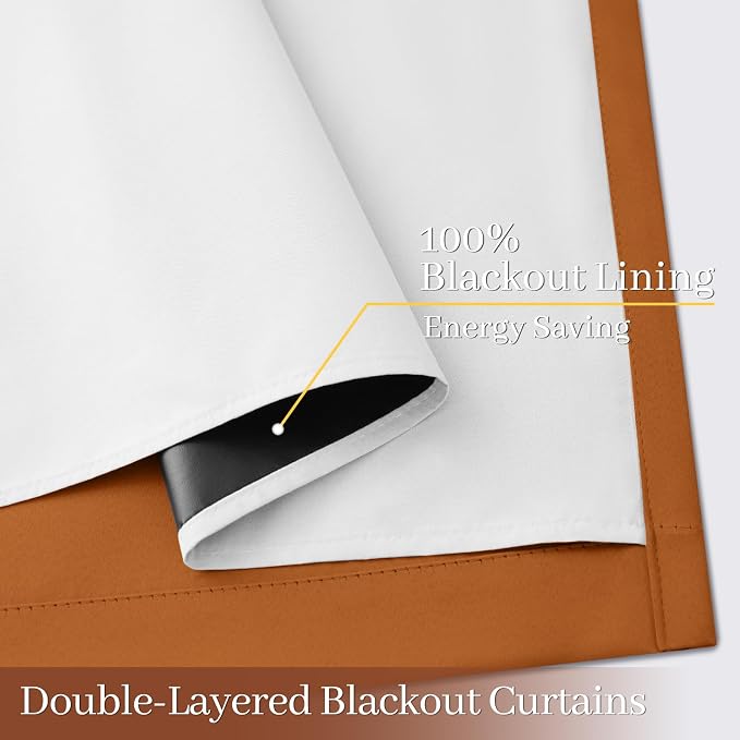Yakamok Burnt Orange 100% Blackout Curtains 63 Inches Long 50" Wide 2 PCS | Blackout Curtain Panels for Bedroom, 2 Thick Layers Grommet Top Thermal Insulated Drapes with White Back for Living Room