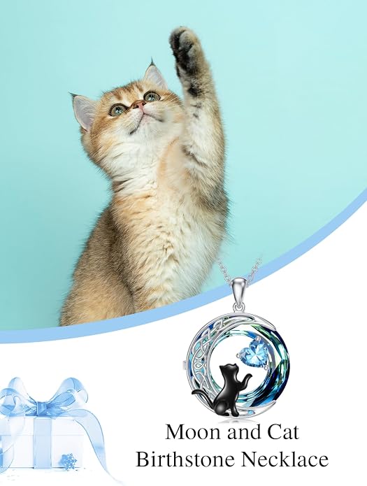 TOUPOP Cat Gifts for Cats Lovers 925 Sterling Silver Black Cat Necklace Celtic Moon Birthstone Jewelry for Women Anniversary Birthday Gift for Her Wife Mom