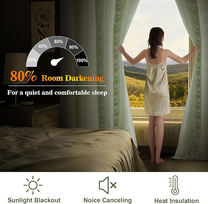 Yinhua Double Layer Blackout Curtains for Bedroom Green Curtains for Living Room 63 Inch Length 2 Panels Set Kid Curtain with Tiebacks, Grommet Drapes with Floral Sheer Overlay, 52" W x 63" L