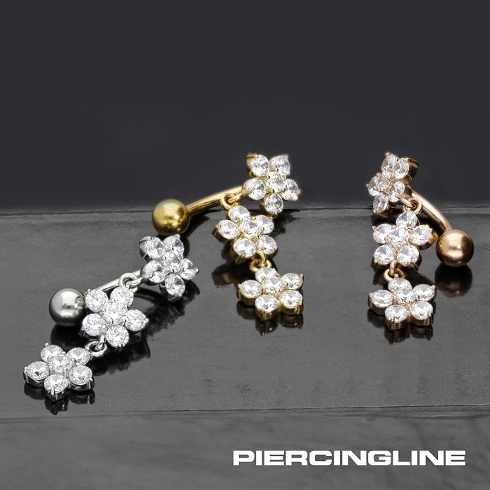 PIERCINGLINE surgical steel dangle belly button piercing with 3 crystal flowers - belly button ring surgical steel, gold, silver, rosegold piercing - new version with improved durability