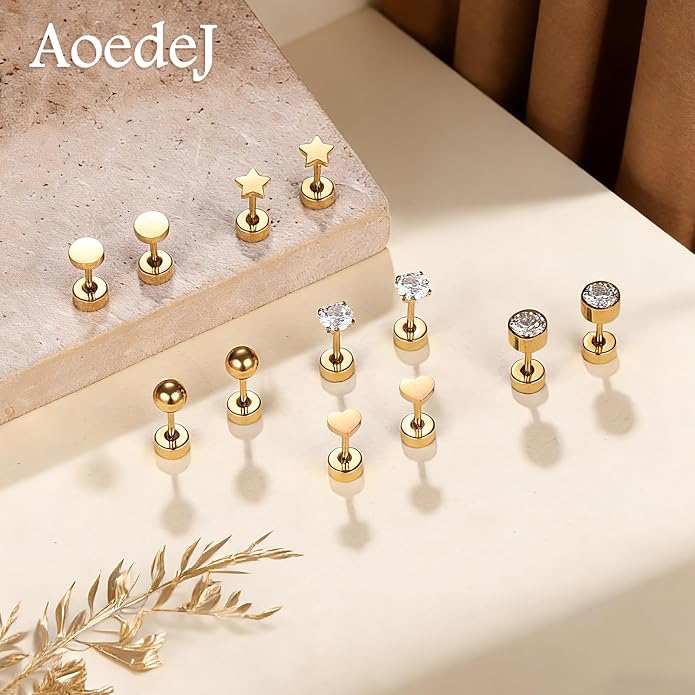 Aoedej 6Pairs G23 Titanium Flat Back Stud Earrings Hypoallergenic CZ Heart Stars Ball Cartilage Earring Studs for Women Men Helix Tragus Conch Helix Piercing Jewelry Gift