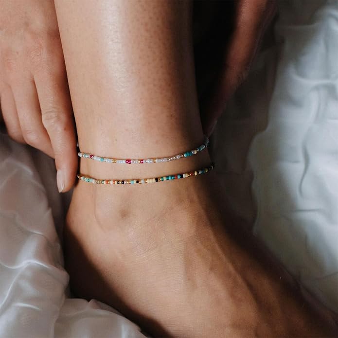 Boho Gold Anklet Bracelets for Women, Waterproof Beach Layered Pearl Beaded Turquoise Anklets Set Handmade Jewelry Gift