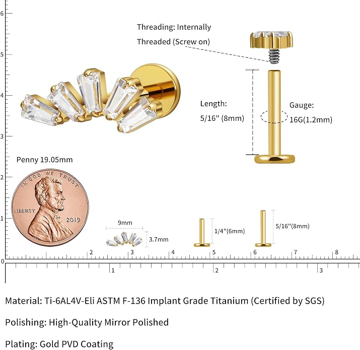 FINE4U 1PC 16G Gold Cartilage Earring 6mm 8mm - ASTM F136 Titanium Piercing Jewelry for Tragus, Helix Conch, Internally Threaded