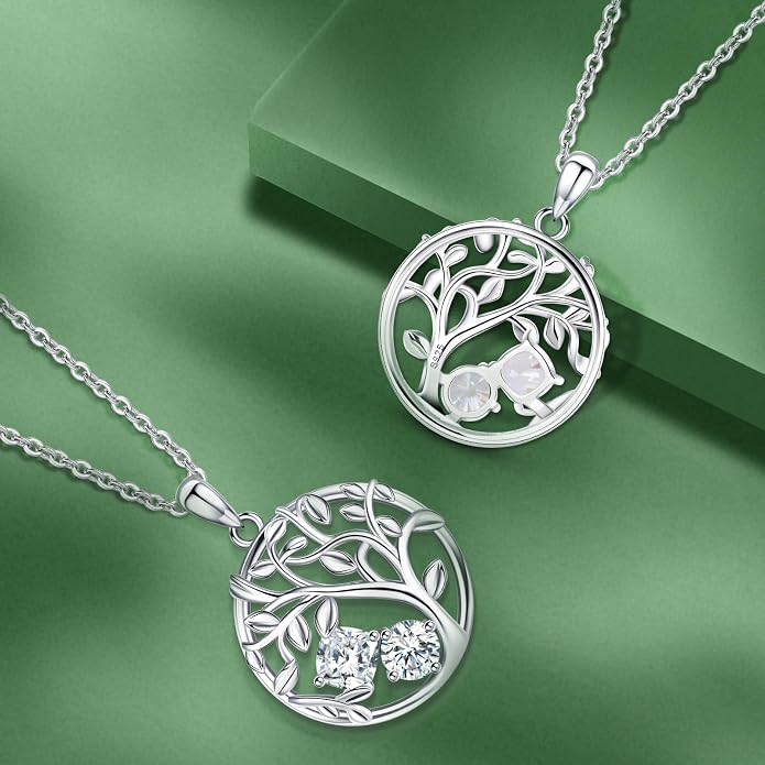 Tree of Life Birthstone Necklace for Women 925 Sterling Silver Birthstone Pendant 12 Months Necklaces with Zircon Birthday Gifts for Women, Mom, Grandma Cable Chain 18"+2"