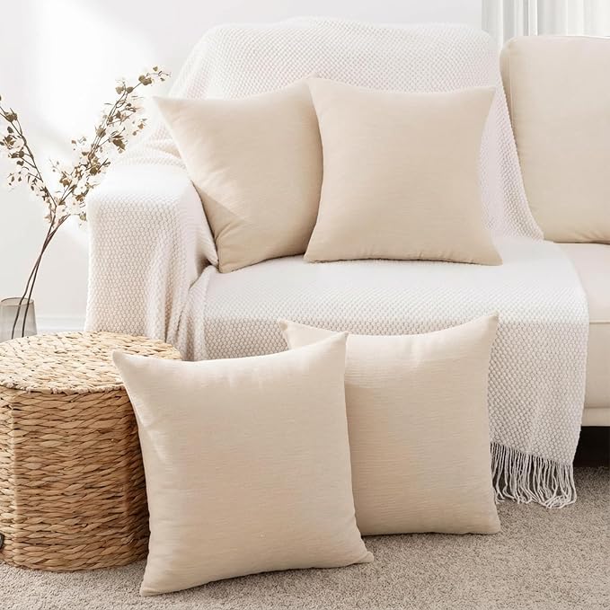 Set of 4 Khaki Throw Pillow Covers 18x18 Inch, Neutral Boho Farmhouse Aesthetic Decorative Pillow Cases for Couch, Sofa, Living Room & Bed, Soft Chenille Pillow Cases, Stylish Home Decor, 45x45 cm