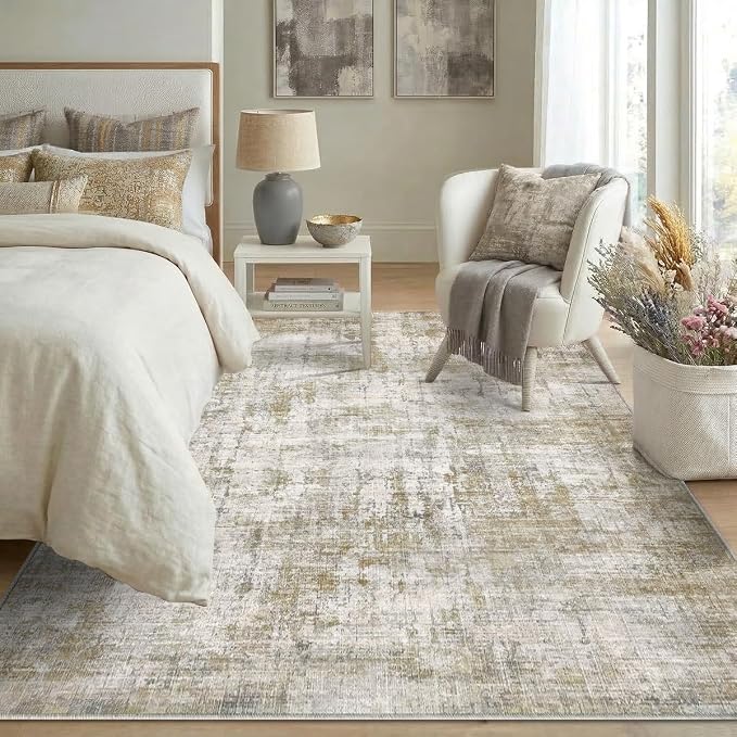 5x7 Area Rugs Washable Living Room Rug-No Slip Soft Carpets Modern Abstract Indoor Floor Stain Resistant Carpet for Bedroom Dining Room Farmhouse Nursery Home Office Tan
