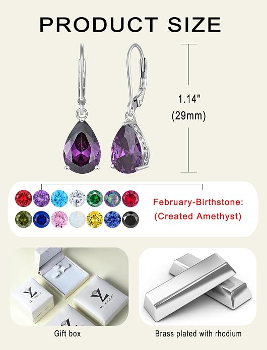 YL Solitaire Dangle Drop Earrings Teardrop Leverback Earrings Brass 8X12 MM Birthstone Jewelry for Women