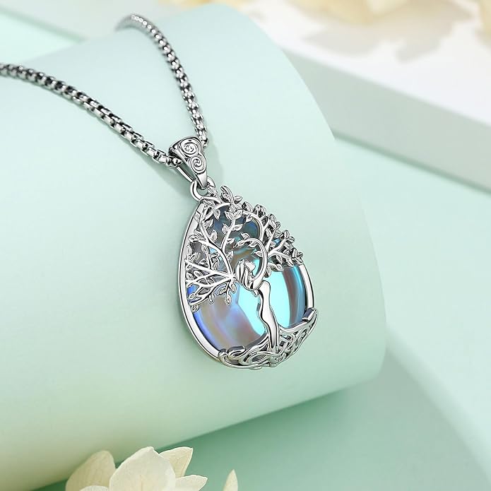 EUDORA Tree of Life Necklace with Moonstone Amethyst Obsidian Turquoise Healing Crystal for Women, Silver Plated Copper Mother Tree of Life Pendant Amulet Energy Jewelry, Gift for Women Mom, 20"+2"