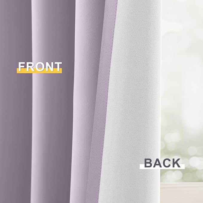 Yakamok Lilac 100% Blackout Curtains 84 Inches Long for Bedroom 40" Wide | Blackout Curtain Panels for Bedroom, 2 Thick Layers Grommet Top Thermal Insulated Drapes with White Back for Living Room