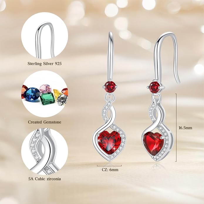 FANCIME Heart Infinity Dangle Drop Earrings 925 Sterling Silver Heart Gemstone Birthstone Earring