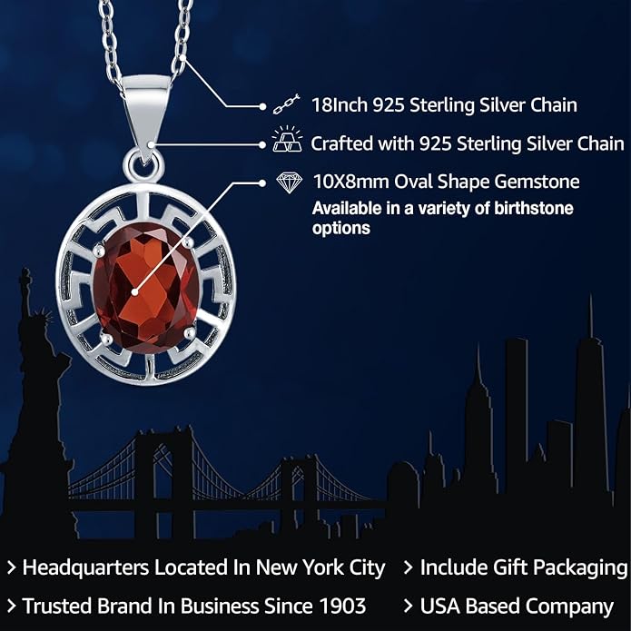 Gem Stone King 925 Sterling Silver 10X8MM Oval Gemstone Birthstone Necklace | Greek Key Pendant Necklace for Women | With 18 Inch Silver Chain
