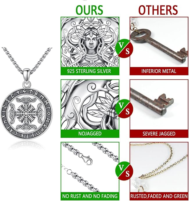 Eusense Viking Necklace for Men Women 925 Sterling Silver Pendant Thors Hammer/Norse Runes/Odin's Ravens/Wolf/Dragon/Snake/Yggdrasil/Freya/Helm of Awe/Valknut/Triskelion/Axe/Shield Viking Jewelry