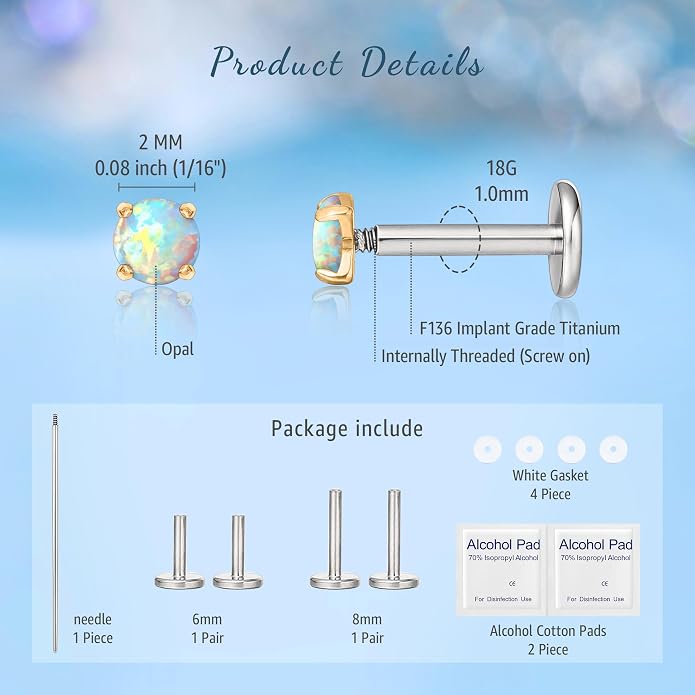 Limerencia 2Pcs 18g Titanium Internally Threaded Tragus Piercing Jewelry Nose Studs Flat Back Earrings Labret, Lip, Helix, Cartilage, Conch, Medusa Piercing for Women Men Sensitive Ears