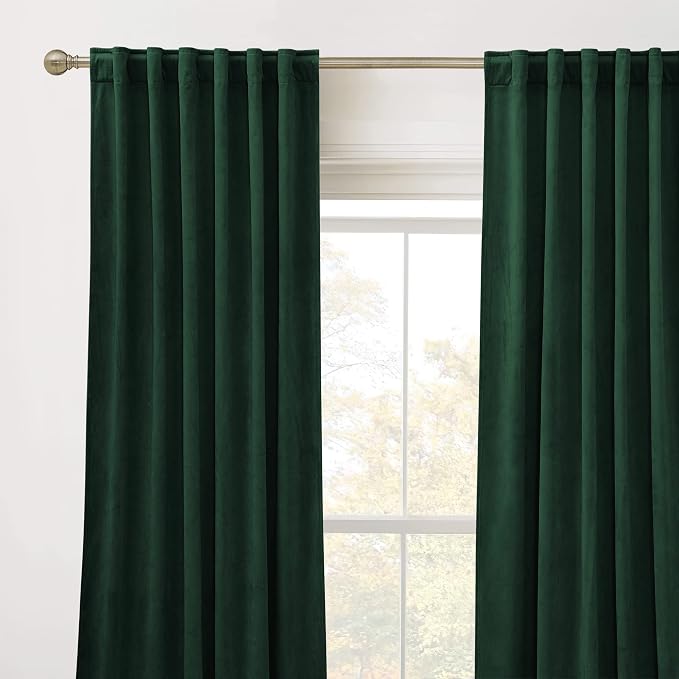 RYB HOME Living Room Curtains, Vintage Velvet Drapes Soft Durable Texture Room Darkening Window Treatment Decorative Backdrop Thermal Curtains for Bedrooom, Hunter Green, W52 x L120 inch, 2 Panel