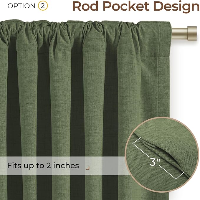 INOVADAY 100% Blackout Curtains 90 Inches Length 2 Panels Set, Back Tab/Rod Pocket Linen Black Out Curtains for Bedroom, Thermal Insulated Window Drapes - Olive Green, W50 X L90