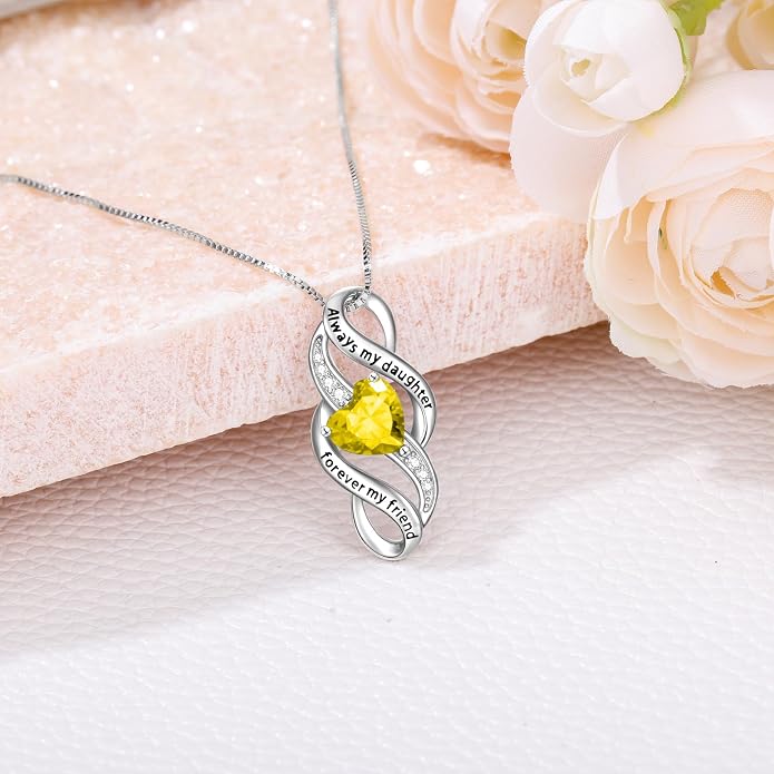 Daughter Necklace 925 Sterling Silver Always My Daughter Forever My Friend Infinity Necklace to Daughter Birthday Gift from Mom with 12 Birthstones