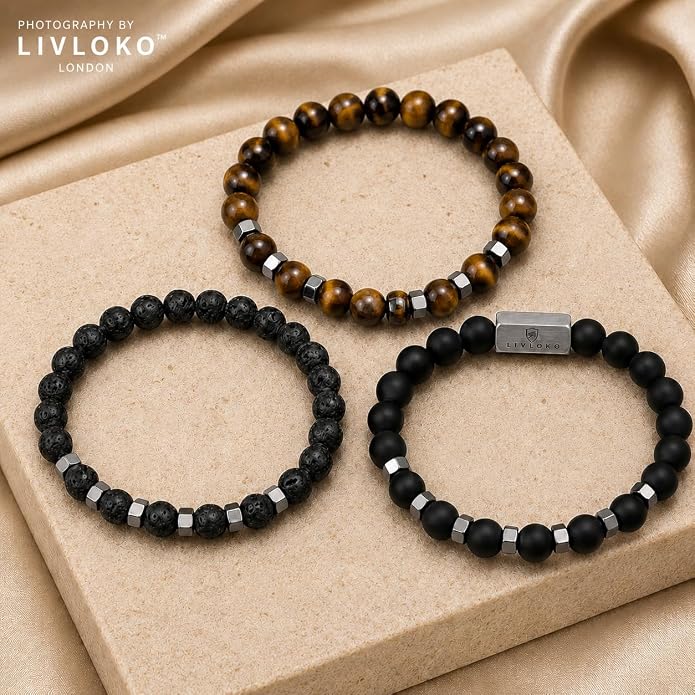 LONDON Mens Bracelet Leather Black Multi-Layer Stone Beads Adjustable Steel Clasp Viking Rope Bands Surfer Man Wristband Male UK Jewellery Gift box Boyfriend Dad Son Brother Tiger Eye