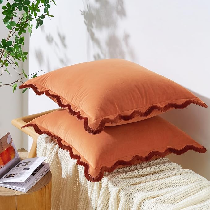 MONDAY MOOSE Decorative Throw Pillow Covers Cushion Cases, Set of 2 Soft Velvet Scalloped Wavy Edge Designs, Mix and Match for Home Decor, Pillow Inserts Not Included (22x22 inch, Rust/Coral)