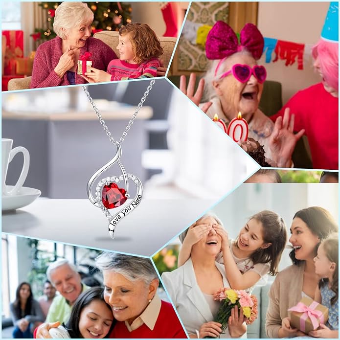 Nana Gifts Sterling Silver Heart Birthstone Necklaces, I Love You Nana Gifts for Mothers, Grandma